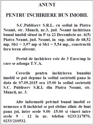 ANUNT  PENTRU INCHIRIERE BUN IMOBIL