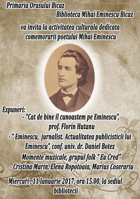 Biblioteca Bicaz, manifestare dedicată poetului Mihai Eminescu, ZCH NEWS - sursa ta de informații