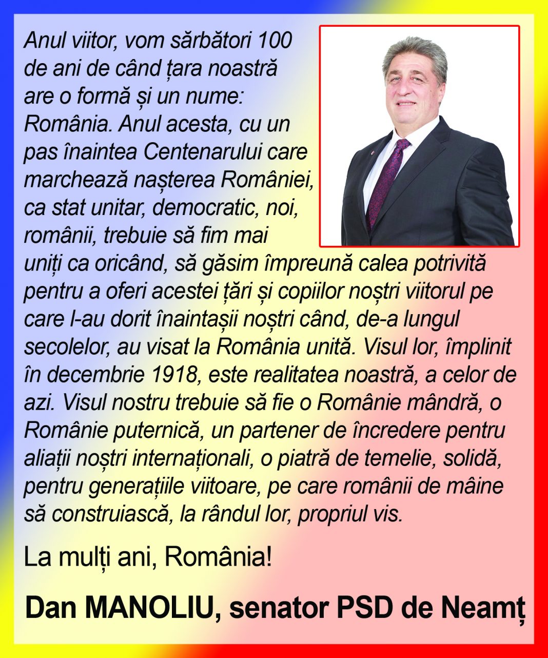 Senator Dan Manoliu: „Visul nostru trebuie să fie o Românie puternică”
