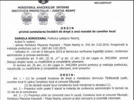 Consilier local de la Răucești demis de prefectul de Neamț