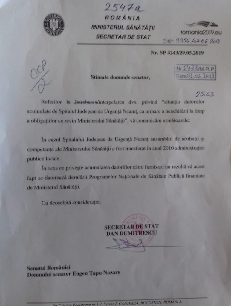 Senatorul PNL Eugen Țapu: ”Delăsare și neimplicare din partea Ministerului Sănătății pentru datoriile spitalului județean”, ZCH NEWS - sursa ta de informații