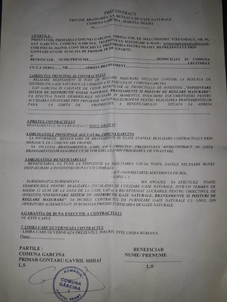 Gârcina și Dobreni: Precontracte pentru branșarea la rețeaua de gaze naturale