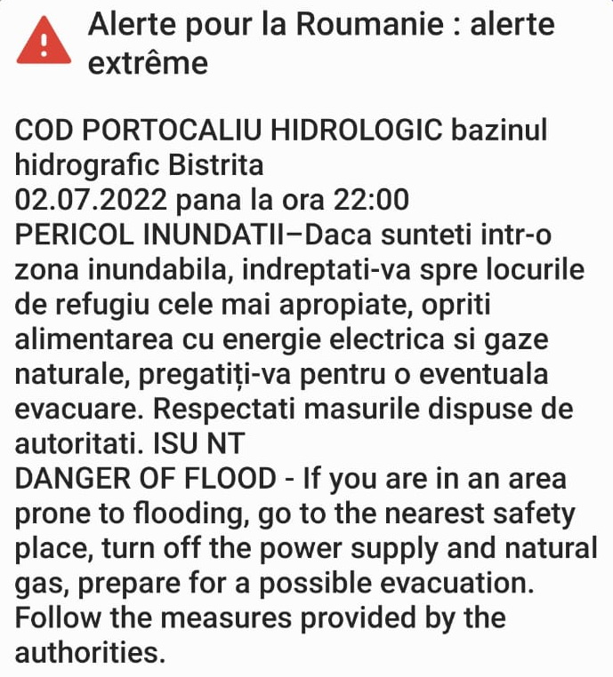 COD PORTOCALIU de furtuni și avertizare hidrologică pe Bistrița, ZCH NEWS - sursa ta de informații