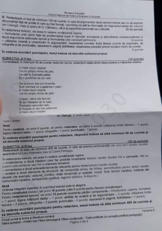 Subiectul la proba scrisă de Limba și Literatura Română la BAC 2023, ZCH NEWS - sursa ta de informații