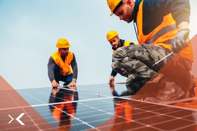 workers assemble energy system with solar panel electricity 1