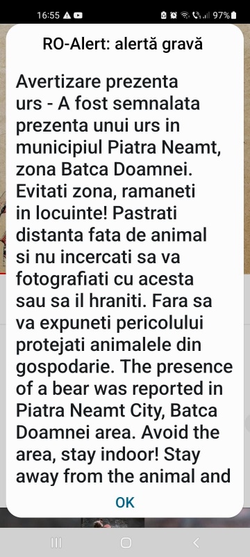 Avertizare RO-ALERT: Urs văzut în zona „la Caiace”, ZCH NEWS - sursa ta de informații