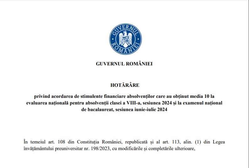 Guvernul României premiază elevii cu nota 10 la Evaluarea Națională și Bacalaureat 2024.