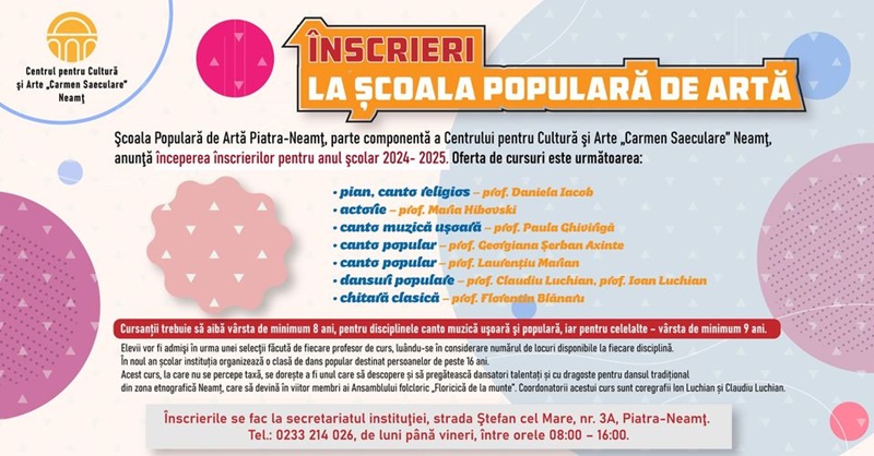 Înscrieri la Școala Populară de Artă Piatra-Neamț