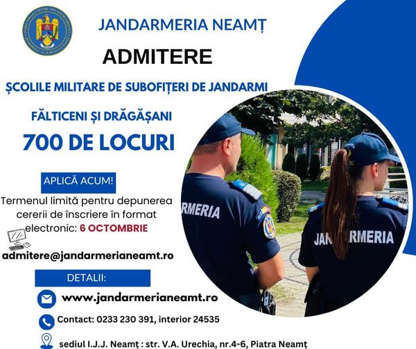 Jandarmeria Neamț recrutează tineri