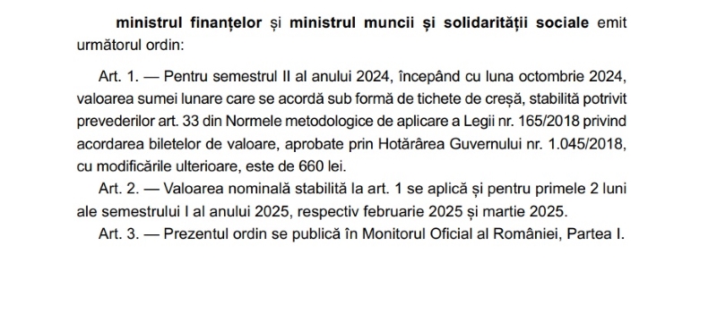 Monitorul oficial - valoarea tichetelor de creșă a crescut la 660 de lei