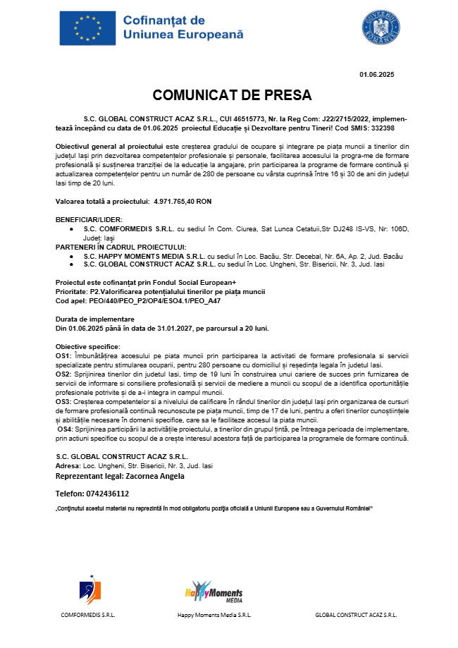 S.C. GLOBAL CONSTRUCT ACAZ S.R.L. anunță începerea implementării proiectului „Educație și Dezvoltare pentru Tineri” 1 S.C. GLOBAL CONSTRUCT ACAZ S.R.L. anunță începerea implementării proiectului „Educație și Dezvoltare pentru Tineri”