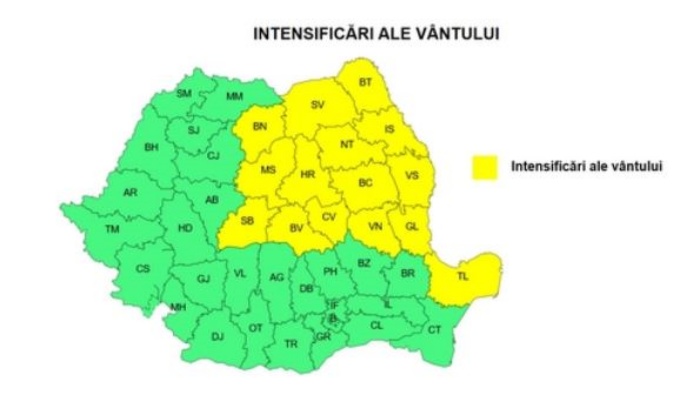 Cod galben de intensificări ale vântului în toată zona Moldovei