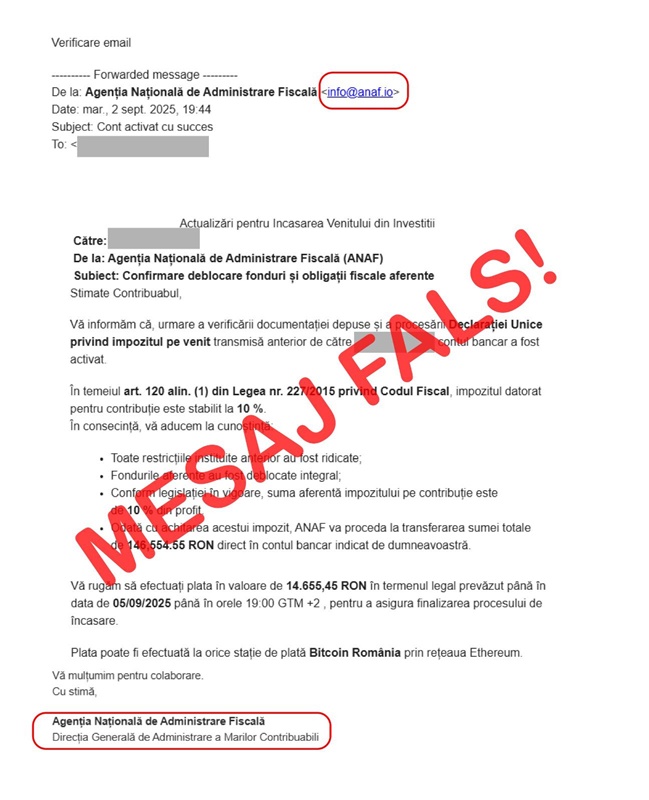 ANAF avertizează contribuabilii! Mesaje false trimise pe e-mail în numele instituției