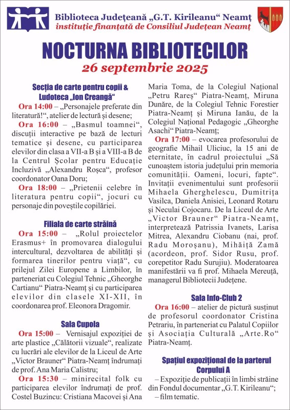 Nocturna Bibliotecilor Piatra-Neamț 2025: lectură, expoziții și muzică la Biblioteca Județeană „G.T. Kirileanu” 1 Nocturna Bibliotecilor Piatra-Neamț 2025: lectură, expoziții și muzică la Biblioteca Județeană „G.T. Kirileanu”