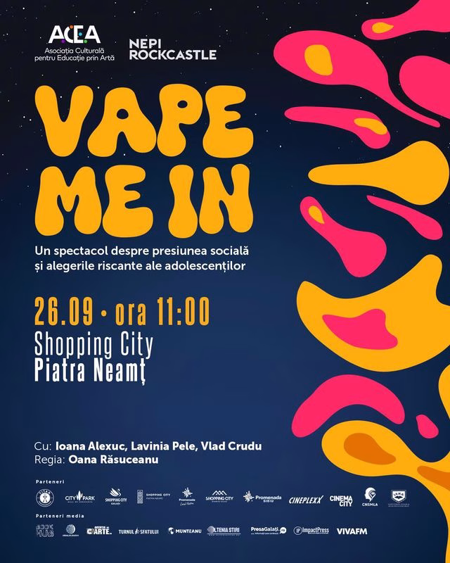 Spectacolul pentru adolescenți „Vape me in” ajunge la Piatra Neamț 1 Spectacolul pentru adolescenți „Vape me in” ajunge la Piatra Neamț