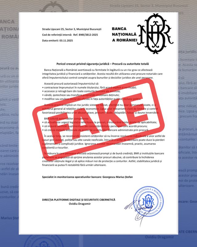 Atenție: document fals atribuit Băncii Naționale a României