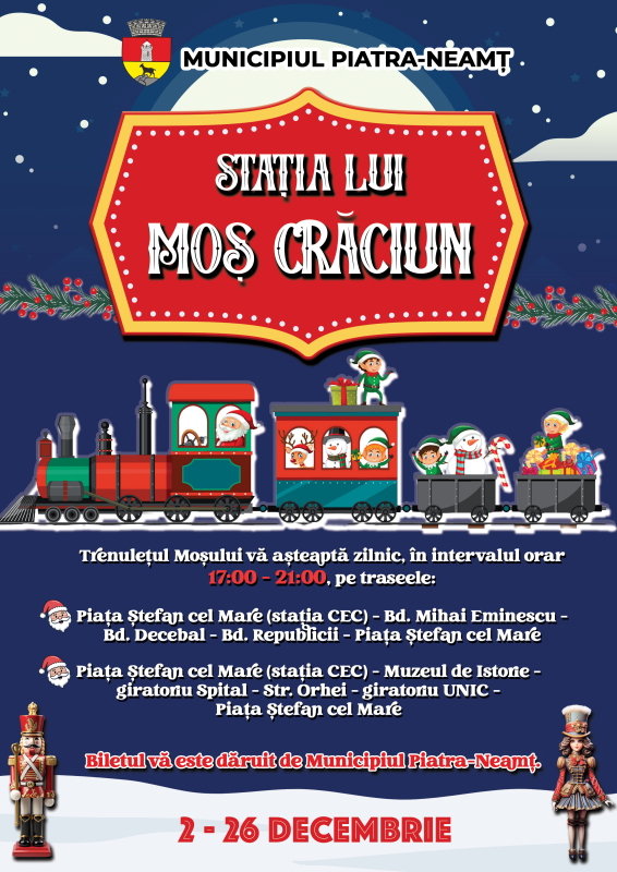 Trenulețul Moșului aduce magia sărbătorilor pe străzile municipiului Piatra Neamț