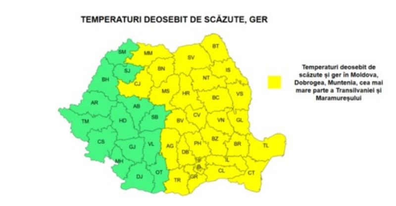 Ger persistent în Nord‑Est. ANM anunță temperaturi de până la –19 grade și avertizări Cod galben până pe 21 ianuarie