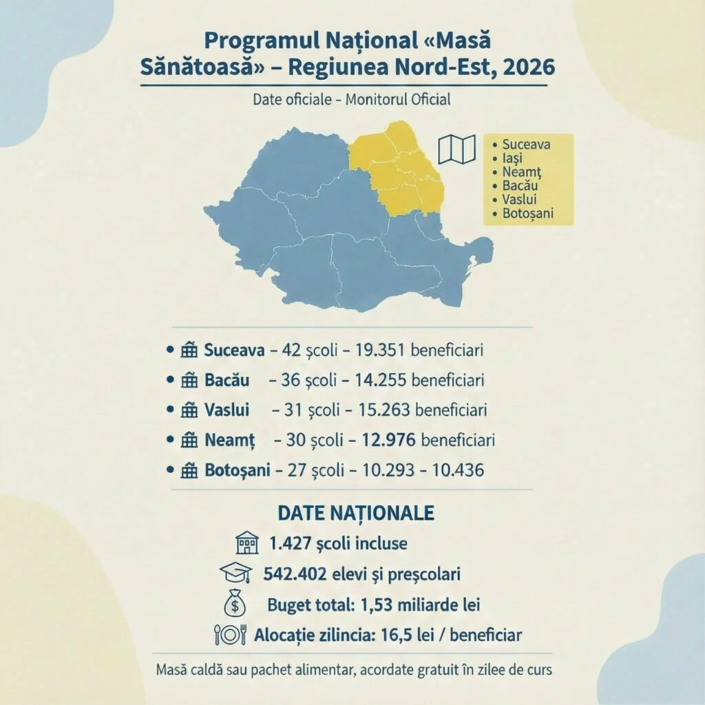 Programul „Masă sănătoasă” în Regiunea Nord‑Est. Ai aici lista școlilor prinse în program- peste 85.000 de elevi ar trebui să fie beneficiari în 2026