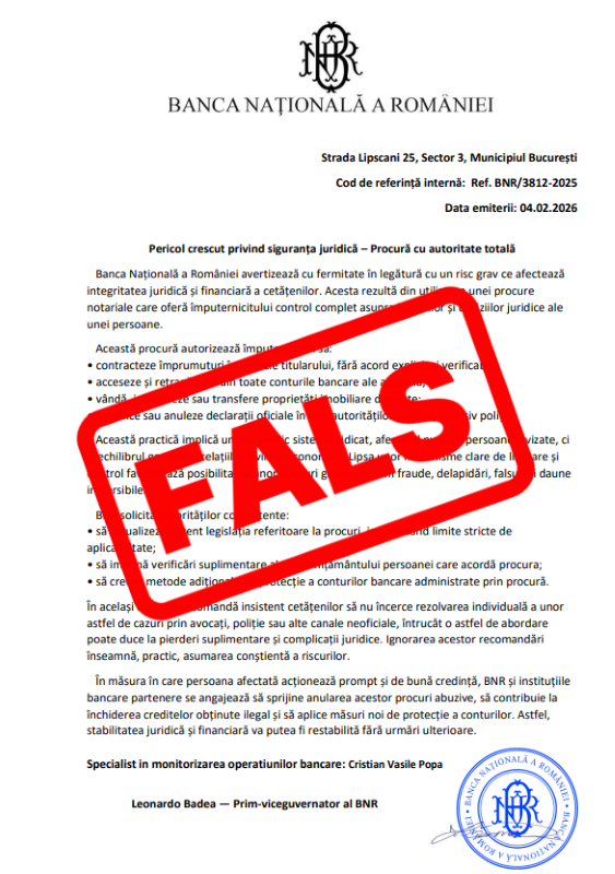 Atenție. Document fals atribuit Băncii Naționale a României