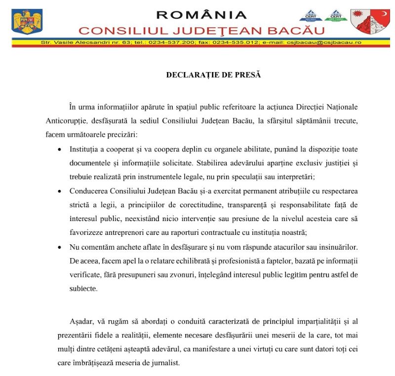 Percheziții DNA la Consiliul Județean Bacău. Ce au căutat procurorii anticorupție