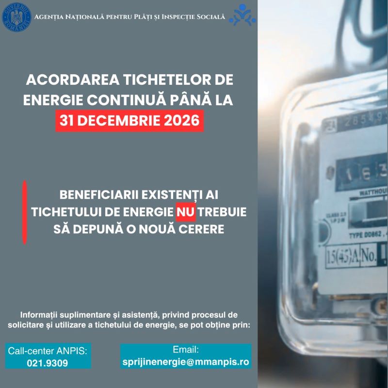 ANPIS: beneficiarii tichetelor de energie primesc sprijinul automat și în 2026
