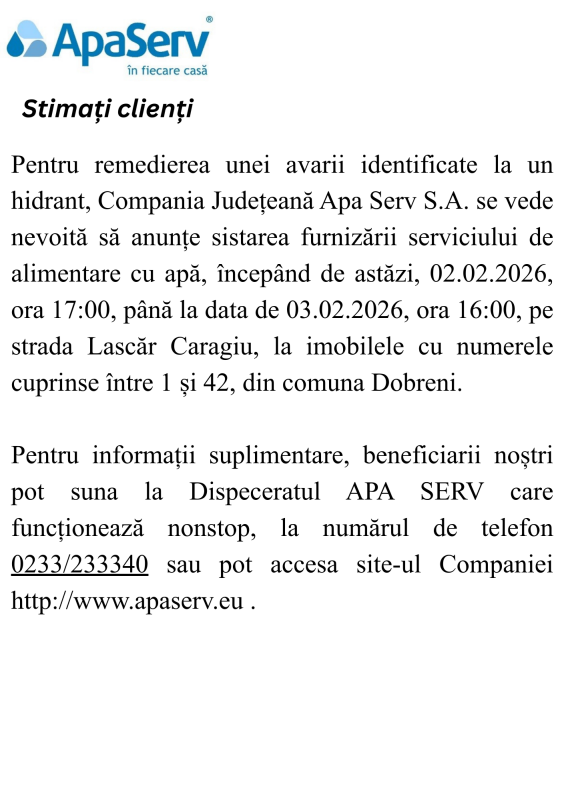 Anunțuri APA SERV 2026