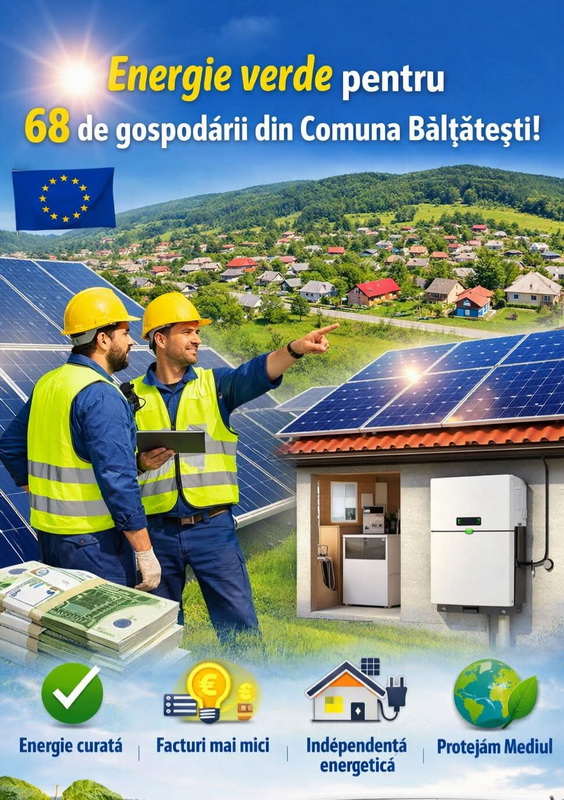Energie verde pentru Bălțătești: 68 de gospodării vor primi panouri fotovoltaice gratuite