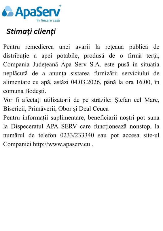 Anunțuri APA SERV 2026