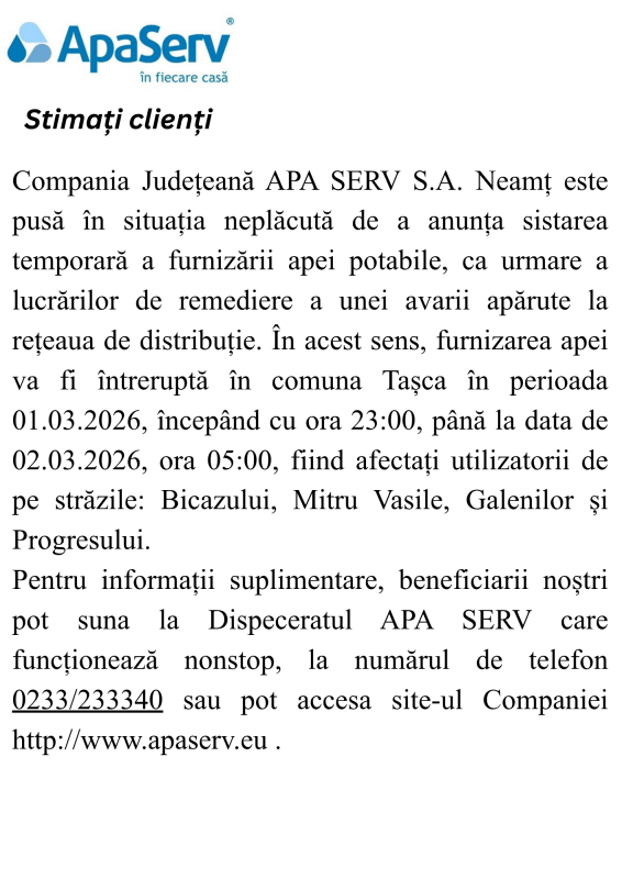 Anunțuri APA SERV 2026