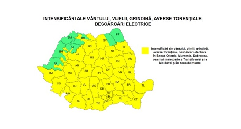 Avertizare cod galben de vreme severă. Meteorologii anunță vijelii, averse torențiale, grindină și posibile ninsori la munte