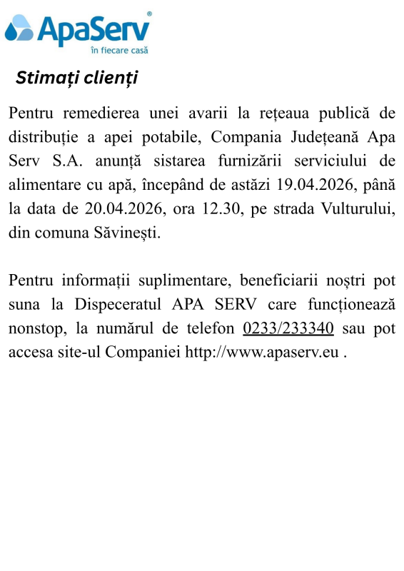 Anunțuri APA SERV 2026