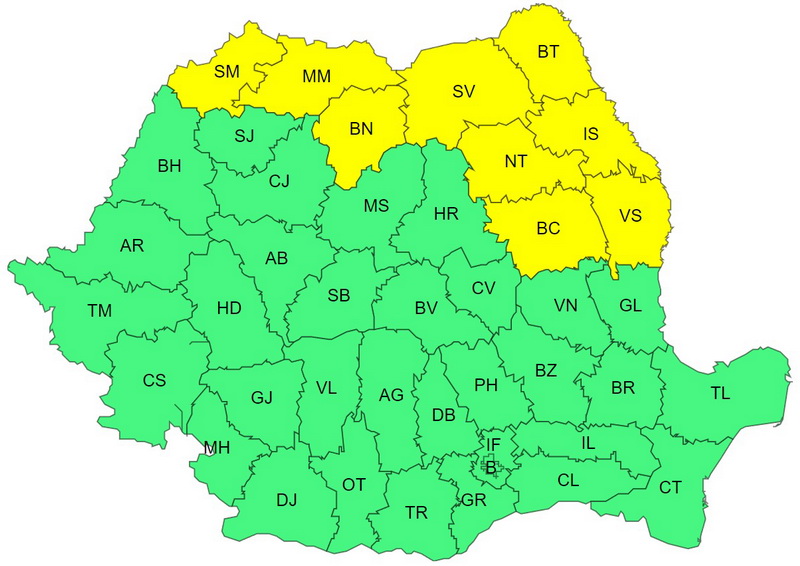 COD GALBEN Averse torențiale și descărcări electrice în toate județele Regiunii Nord-Est