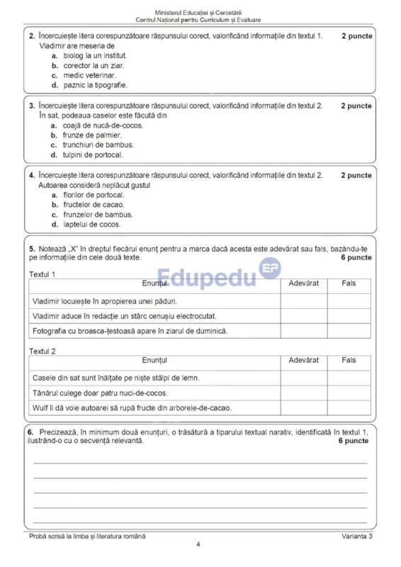 Subiectele la Evaluarea Națională - proba la Limba și Literatura Română 3 Subiectele la Evaluarea Națională - proba la Limba și Literatura Română