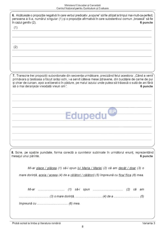 Subiectele la Evaluarea Națională - proba la Limba și Literatura Română 7 Subiectele la Evaluarea Națională - proba la Limba și Literatura Română