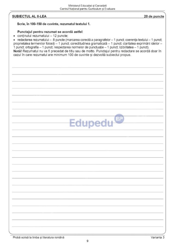 Subiectele la Evaluarea Națională - proba la Limba și Literatura Română 8 Subiectele la Evaluarea Națională - proba la Limba și Literatura Română