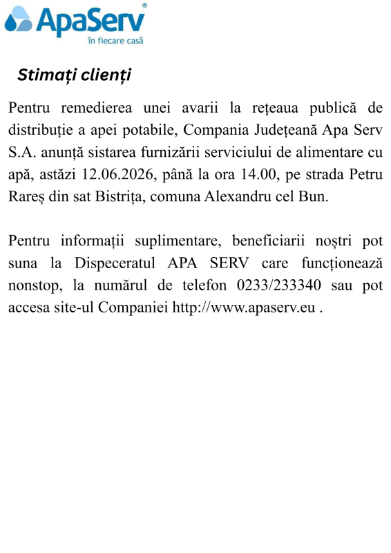 Anunțuri APA SERV 2026