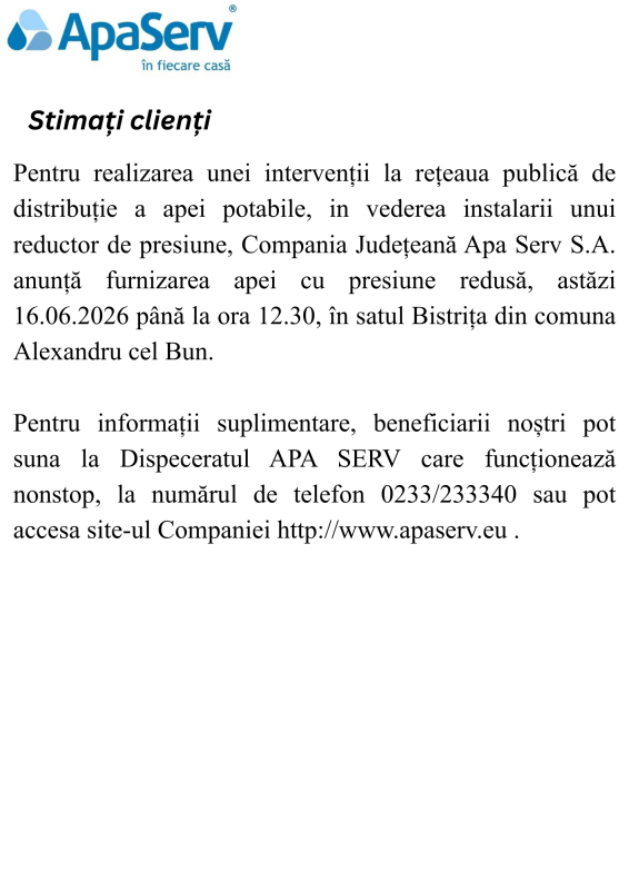 Anunțuri APA SERV 2026