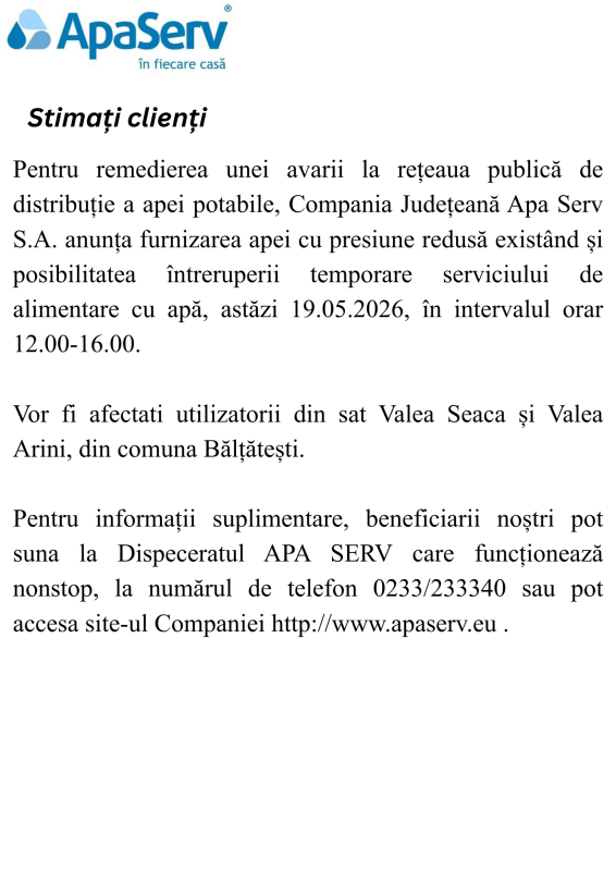 Anunțuri APA SERV 2026