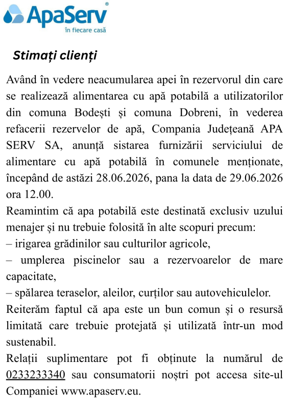 Anunțuri APA SERV 2026
