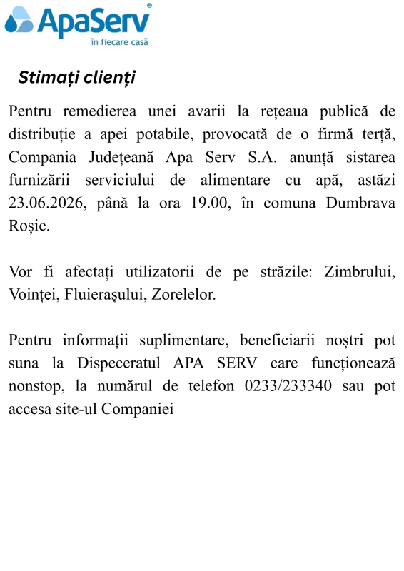 Anunțuri APA SERV 2026