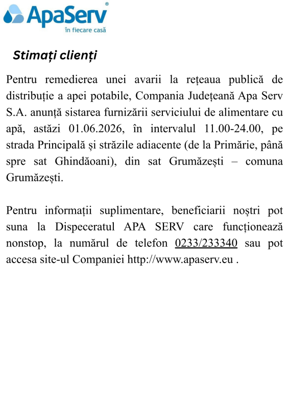 Anunțuri APA SERV 2026