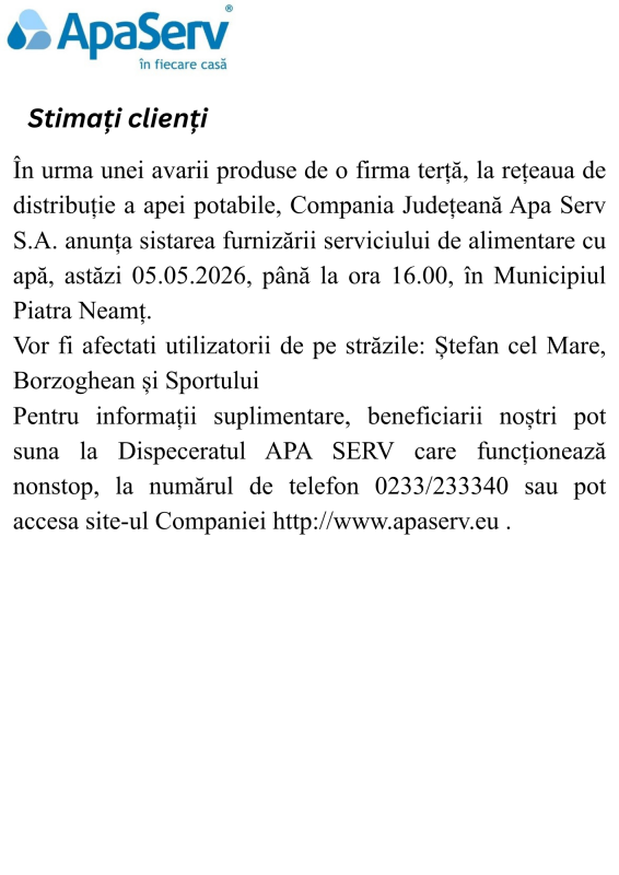 Anunțuri APA SERV 2026