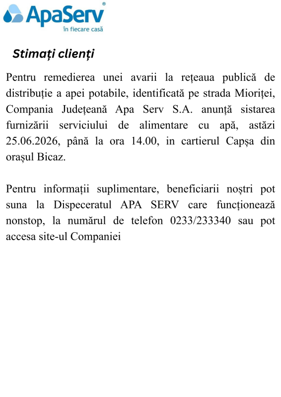 Anunțuri APA SERV 2026