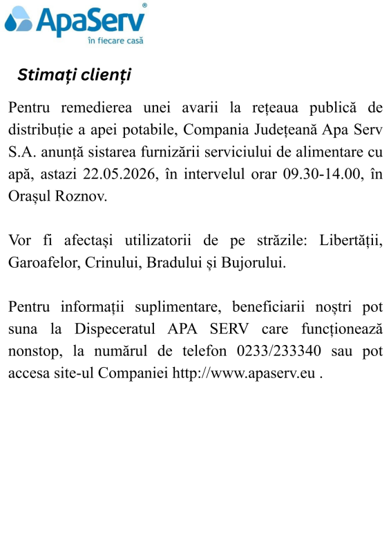 Anunțuri APA SERV 2026