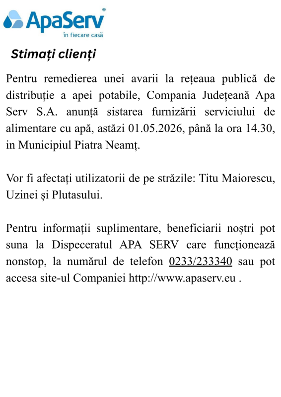 Anunțuri APA SERV 2026