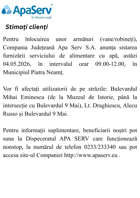 Anunțuri APA SERV 2026