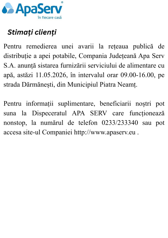 Anunțuri APA SERV 2026