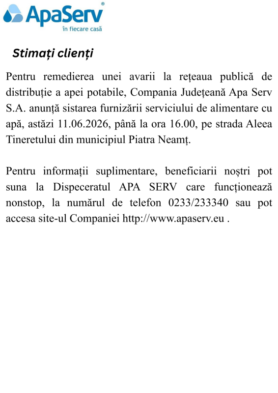 Anunțuri APA SERV 2026