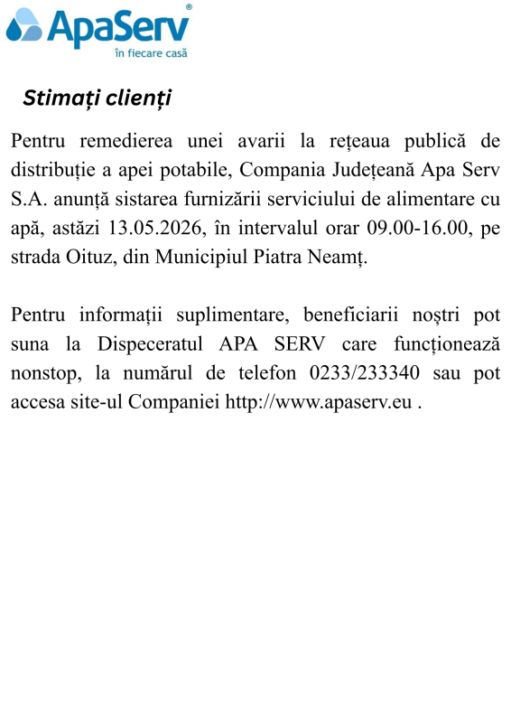 Anunțuri APA SERV 2026